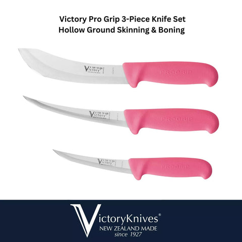 Victory Pro Grip 3PCS Hollow Ground Skinning & Curved Narrow Boning Knife Set