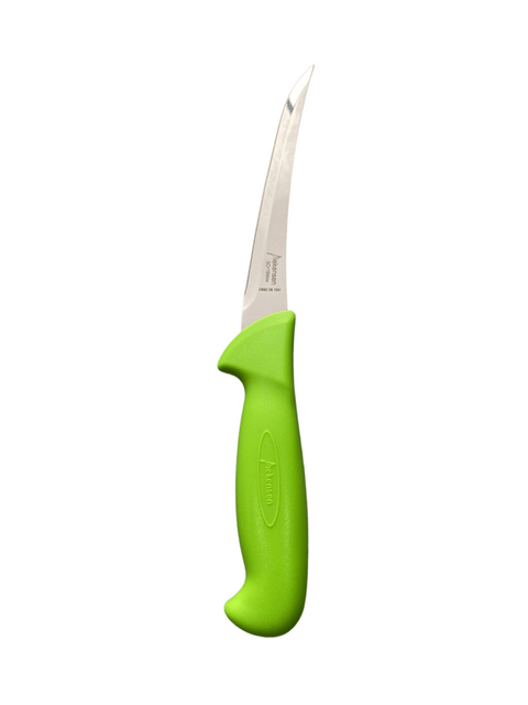 a green knife with a white handle on a black background