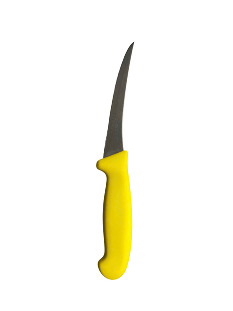 a knife with a yellow handle on a black background