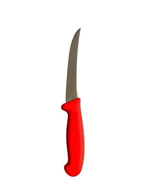 a knife with a red handle on a black background