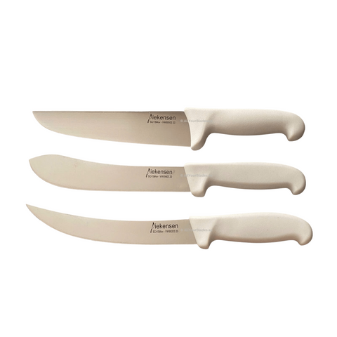 three knives with white handles on a black background