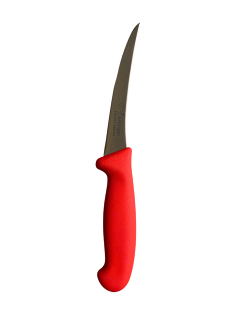 a knife with a red handle on a black background