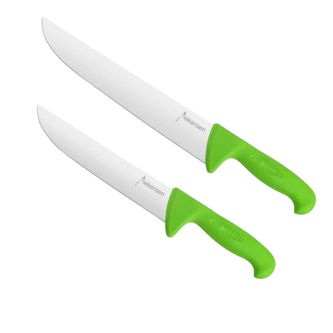 two green and white knives on a black background