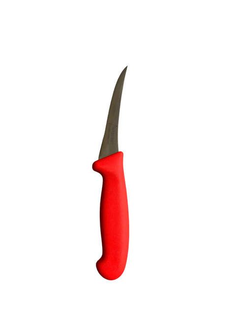 a knife with a red handle on a black background