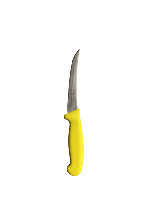 a knife with a yellow handle on a black background