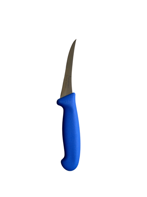 a blue handled knife on a black background