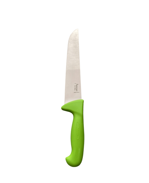 a knife with a green handle on a black background