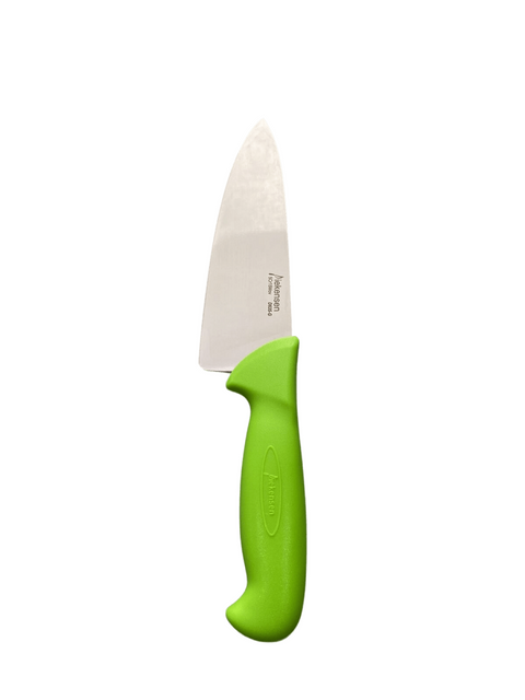 a green knife with a white handle on a black background