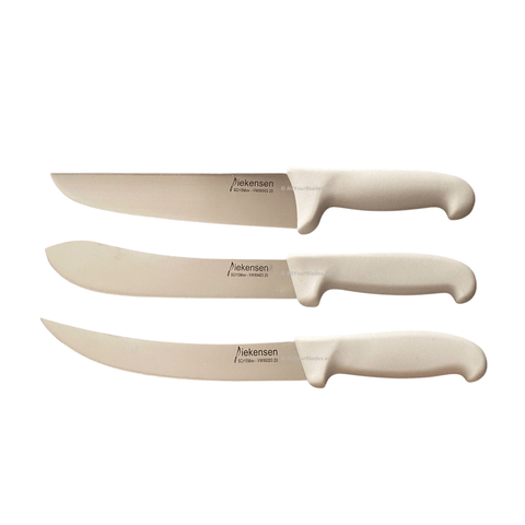 three knives with white handles on a black background