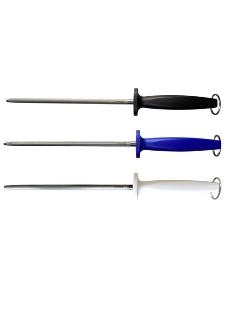 Diekensen 10" Sharpening Steel – Fine Cut Round Black Rod – Honing Tool with Black, Blue or White Handle – Butchers & Chefs Knife Sharpener