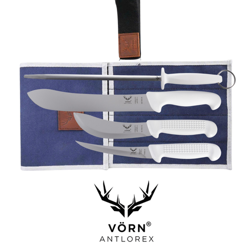 Vorn Antlorex 4PCS Farm Butcher Knife Set with 12" Sharpening Steel & Canvas Wrap