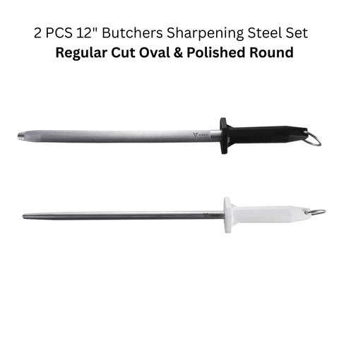 2PCS J.West 12" Butchers Sharpening Steel Set – Regular Cut Oval & Polished Round