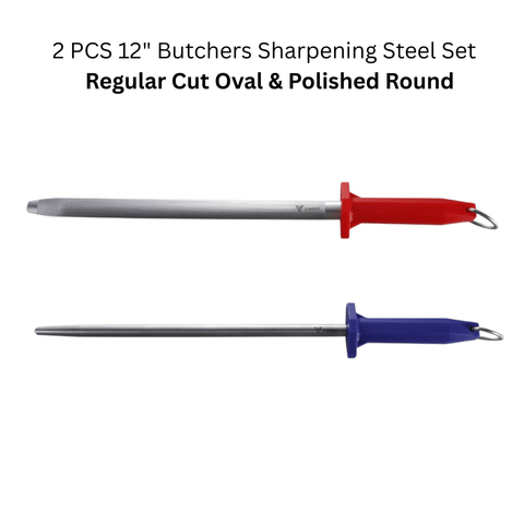 2PCS J.West 12" Butchers Sharpening Steel Set – Regular Cut Oval & Polished Round