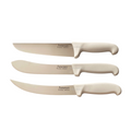 three knives with white handles on a black background