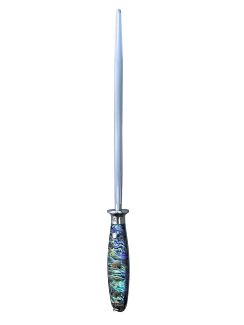 A silver-colored knife with a colorful, multicolored handle.