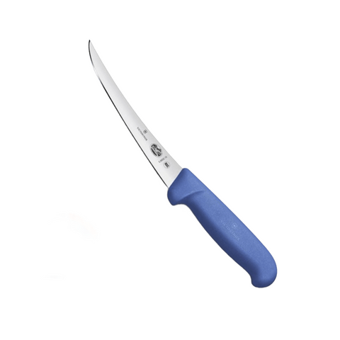 a blue and white knife on a black background