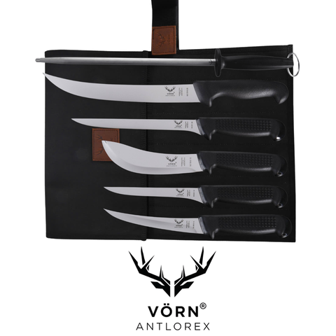 Vorn Antlorex 6PCS Sportmans All Rounder Butcher Knife Set with 12" Sharpening Steel & Canvas Wrap