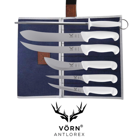 Vorn Antlorex 6PCS Premium German Steel Farm Butcher Knife with 12" Sharpening Steel & Canvas Wrap