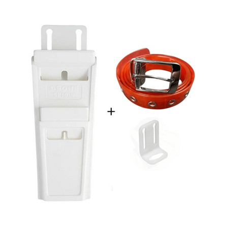 a white plastic object with a red belt around it