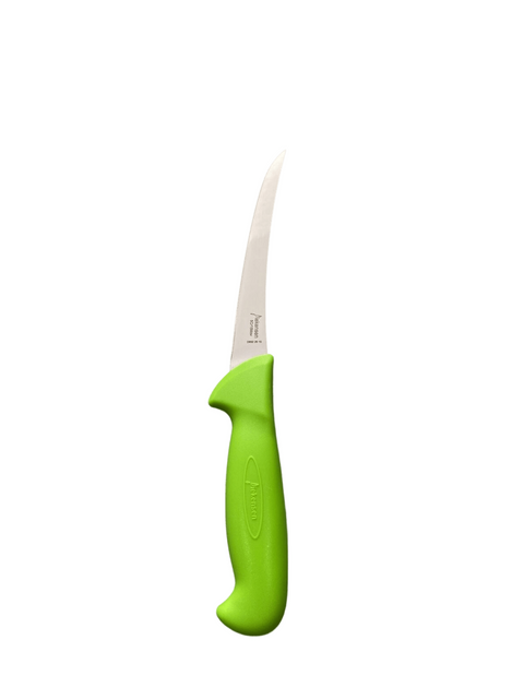 a green knife with a white handle on a black background