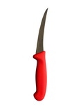 a knife with a red handle on a black background