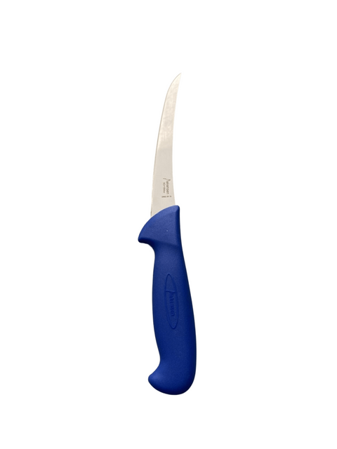a blue and white knife on a black background