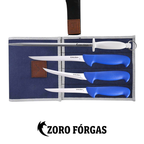 Zoro Forgas 4PCS Fishing Knife Set and Sharpening Steel with Narrow Fillet & Boning Blades Canvas Wrap