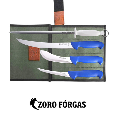 Zoro Forgas 4PCS Farm Butcher Knife Set with 12" Sharpening Steel & Canvas Wrap