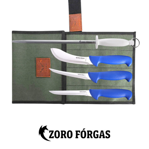 Zoro Forgas 4PCS Butcher, Farm & Hunter Knife Set with Sharpening Steel & Canvas Wrap