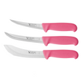 a set of three knives with pink handles