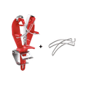 a pair of red and white chairs sitting next to each other