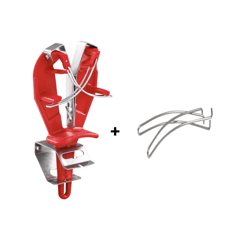 a pair of red and white chairs sitting next to each other