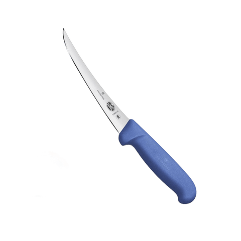 a blue and white knife on a black background