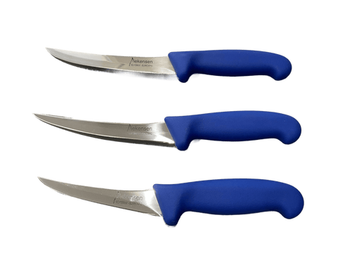 three blue handled knives on a black background