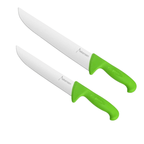 two green and white knives on a black background