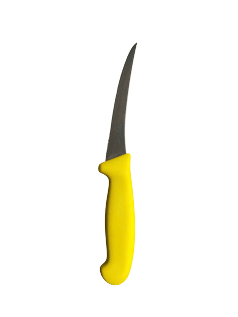 a knife with a yellow handle on a black background