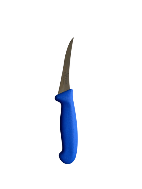 a blue handled knife on a black background
