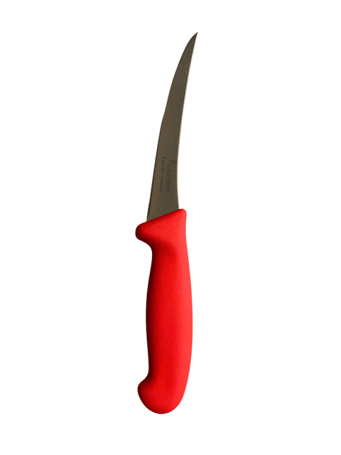 a knife with a red handle on a black background