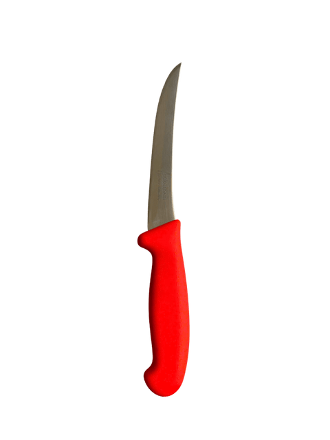 a knife with a red handle on a black background