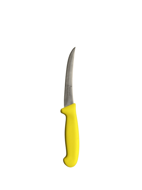 a knife with a yellow handle on a black background