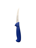 a blue and white knife on a black background