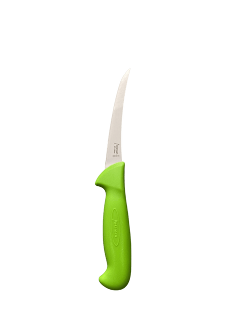 a green knife with a white handle on a black background