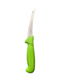 a green knife with a white handle on a black background