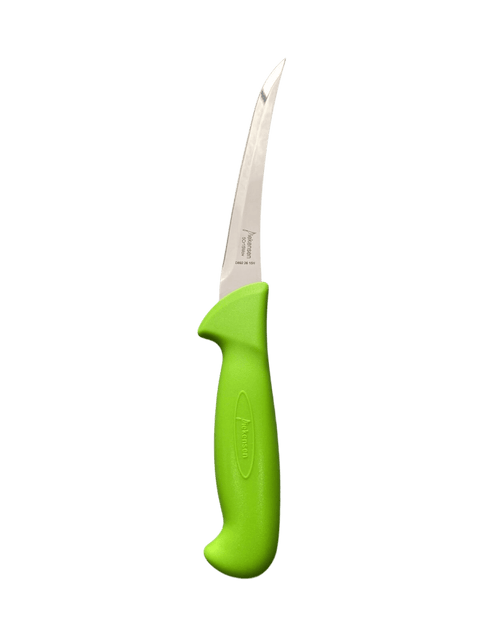 a green knife with a white handle on a black background