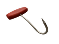 a fishing hook with a red handle on a black background