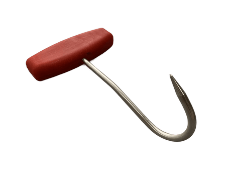 a fishing hook with a red handle on a black background