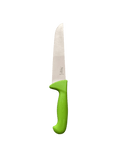 a knife with a green handle on a black background