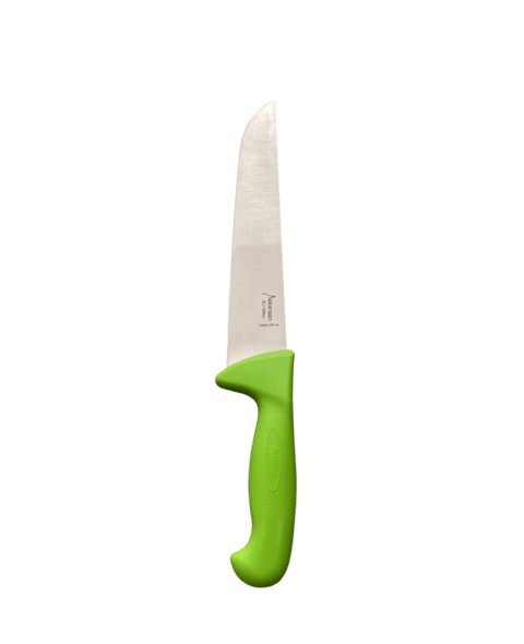 a knife with a green handle on a black background
