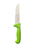 a knife with a green handle on a black background