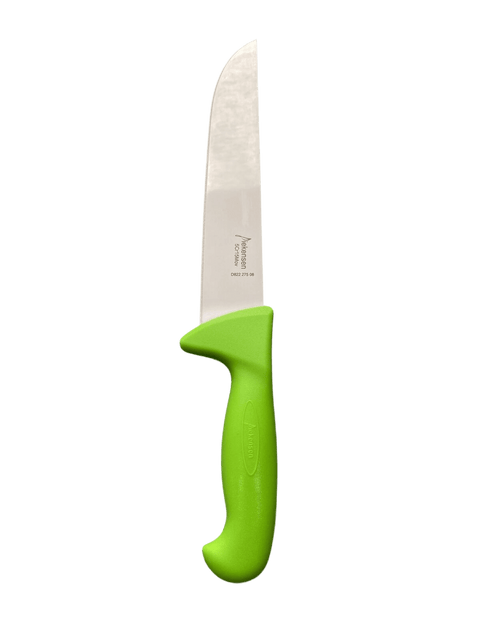 a knife with a green handle on a black background